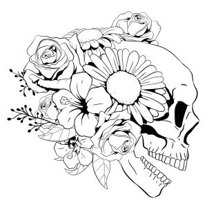 Dödskalle med blommor